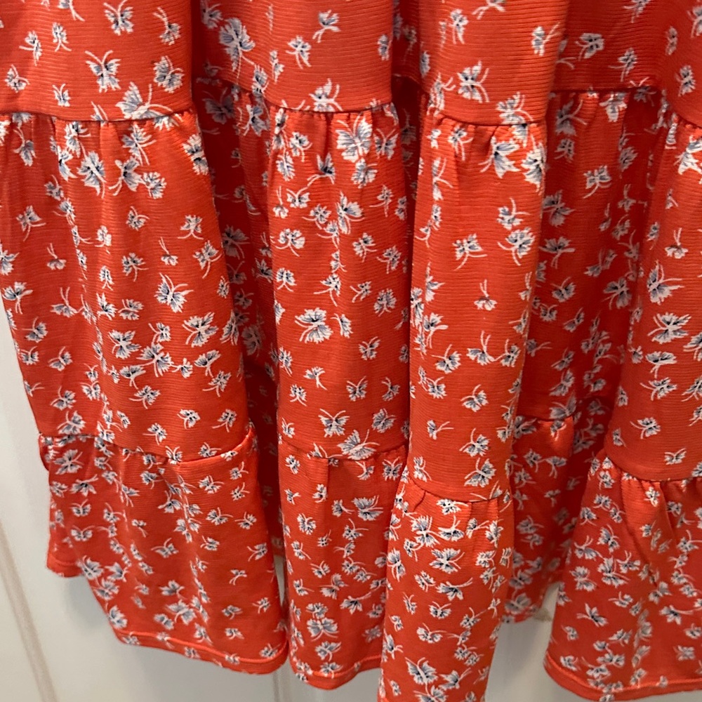 Floral Reddish Orange V-Neck Smocked Waist Flutter Sleeve Dress Size Large - Picture 6 of 11